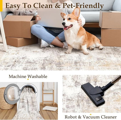 2x10 Washable Runner Rug Beige Grey Neutral Abstract Hallway Kitchen Living Room Bedroom Non Slip Throw Rug Soft Low Pile Indoor Carpet for Entrance Laundry Bathroom