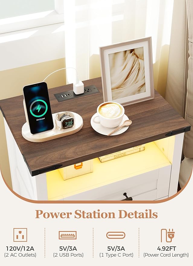 Night Stand with Charging Station 22" Large Farmhouse Nightstands with 3 Drawers and Open Storage Smart Bedside Table with Human Sensor LED Light End Tables for Bedroom Living Room White