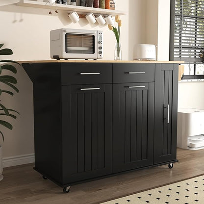 46" Kitchen Island with Drop Leaf,Dining Storage Cart W/ 3 Tier Pull Out Cabinet Organizer & Internal Storage Rack,Rolling Cart on Wheels W/Towel Rack & 2 Drawers,for Kitchen,Black