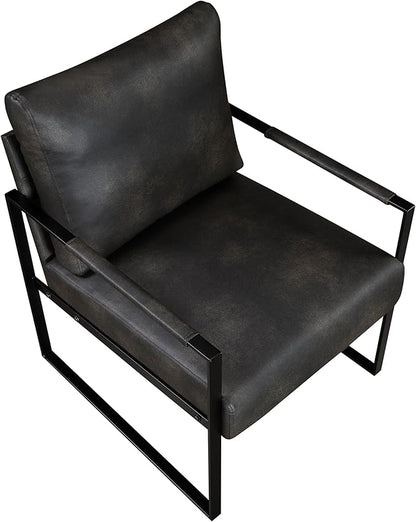 Lexicon Modern Accent Chair, Faux Leather Upholstered Living Room Chair With Wrapped Armrests, Arm Chair With Black Metal Frame,Comfy Single Chair For Living Room/Bedroom/Reading Room/Office,Dark Grey