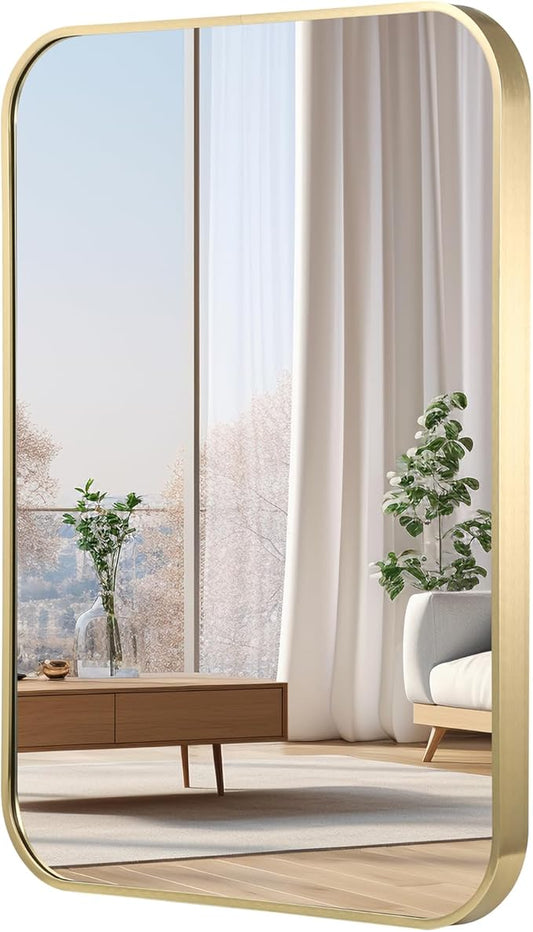 40x30 Inch Gold Bathroom Mirror, Brushed Gold Metal Framed Rectangular Mirror with Rounded Corner, Bathroom Vanity Mirror for Bedroom or Living Room, Horizontal/Vertical