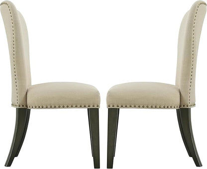 Alaterre Furniture Savoy Upholstered Dining Chairs – Set of 2 Parsons Style Accent Chairs with Cream Linen Fabric, Nailhead Trim, and Dark Stained Legs – for Dining Room, Desk, or Sitting Area