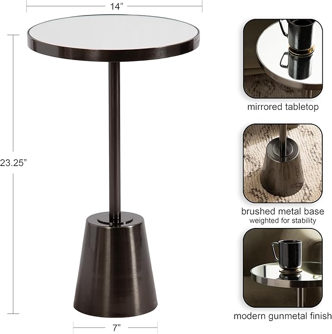 Kate and Laurel Tira Elegant Round Mirrored Side Table, 14 x 14 x 24, Gray Gunmetal, Modern Circle End Table for Use as Bedroom Nightstand or Living Room Plant Stand Table