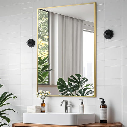 Brushed Gold Mirror, 22x30 Inch Aluminum Framed Rectangle Mirror, Anti-Rust, Tempered Glass, Square Corner Wall Mirror for Over Sink, Vanity, Bedroom, Entryway, Horizontal/Vertical