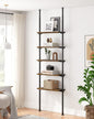 ALLZONE 5 Tiers Narrow Bookshelf, Tall Adjustable Ladder Book Shelf with Open Storage, Floor to Ceiling Tension Mount, Wooden Industrial Bookcase for Living Room, 92 to 116 Inch, Brown