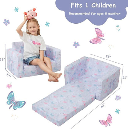 Viviland Kids Chairs for Toddler,2-in-1 Soft Toddler Couch Fold Out,Convertible Soft to Lounger Toddke Chair Comfy for Girls and Boys,Purple Butterfly