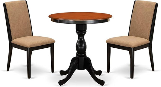 East West Furniture ESLA3-BCH-47 3 Piece Modern Dining Table Set Contains a Round Wooden Table with Pedestal and 2 Light Sable Linen Fabric Upholstered Chairs, 30x30 Inch, Black & Cherry