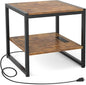 Homieasy End Table with Charging Station, 20 Inch Mini Fridge Stand with 2-Tier Open Shelf, Square Bedside Nightstand & Sofa Side Table for Living Room, Dorm, Office,Rustic Brown
