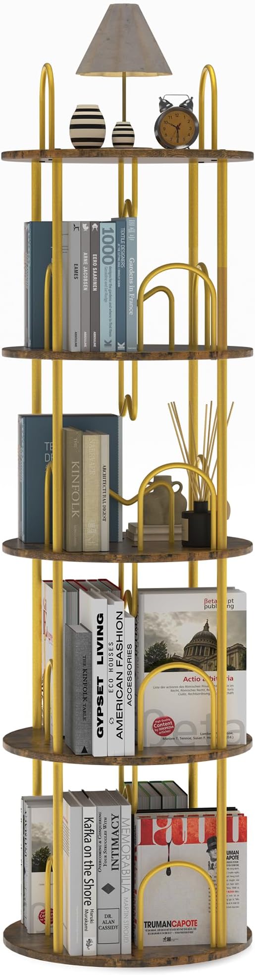 4 Tier Rotating Bookshelf, 360° Spinning Bookshelf Tower, Round Narrow Space Saving for Books and Display, Revolving Bookcase Corner Tall Book Shelf for Small Spaces, Bedroom, Living Room, Gold