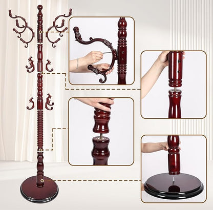 Coat Rack Stand, Solid Wooden Coat Tree with 14 Hooks, Heavy Duty Coat Rack Freestanding with Sturdy Round Base, Natural Birch Wood Coat Hanger Stand for Entryway Bedroom (Rosewood)