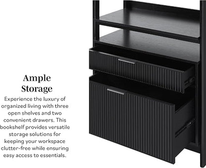 Walker Edison Transitional Open Reeded 4-Shelf Bookshelf with Drawers Versatile Bookcase with Bottom Storage for Home Office, Living Room, Bedroom, 33 Inch, Black