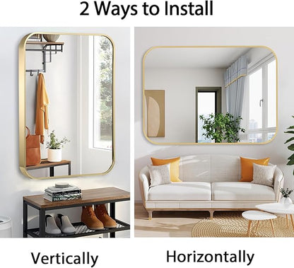 26x38 Inch Gold Bathroom Mirror, Brushed Brass Gold Metal Framed Rectangular Mirror with Rounded Corner, Bathroom Vanity Mirror for Bedroom or Living Room, Horizontal/Vertical