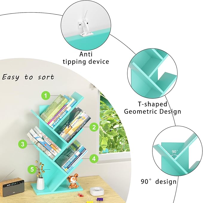 5 Tier Tree Book Shelf, Small Desktop Bookshelf with Storage Organizer, Wood Bookcase, Desk Display Bookshelves, Floor Standing Organizer Bookcases for Living Room,Bedroom,Office-Green
