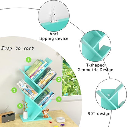 5 Tier Tree Book Shelf, Small Desktop Bookshelf with Storage Organizer, Wood Bookcase, Desk Display Bookshelves, Floor Standing Organizer Bookcases for Living Room,Bedroom,Office-Green