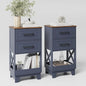 Tall Nightstand Set of 2 Side Table with 2 Drawers Modern Night Stand Wooden Rustic End Table Bedside Table with Below Open Shelf Solid Feet for Bedroom, Living Room, Navy Blue+Walnut