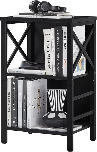Small Bookshelf,3 Tier Industrial Bookcase with Metal Frame and Backboard,Low Black Book Shelf,Book case for Small Spaces,Living Room,Bedroom and Home Office