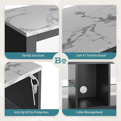 Bestier White Marble TV Stand LED Entertainment Center Gaming TV Stand for 55 Inch TV RGB Television Stand with 2 Adjustable Glass Shelves Xbox PS4 Game Console Cabinet for Living Room