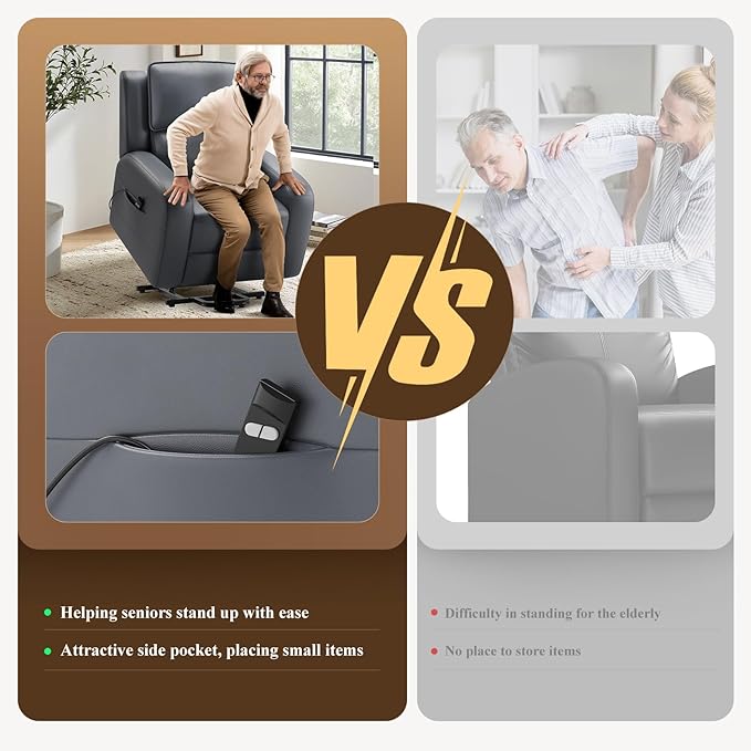 COLAMY Power Lift Recliner Chair for Elderly – Electric Leather Recliner with Remote Control, Ergonomic Backrest, Spacious Seat, Side Pocket & 2-Button Operation, 300lbs Capacity (Grey)