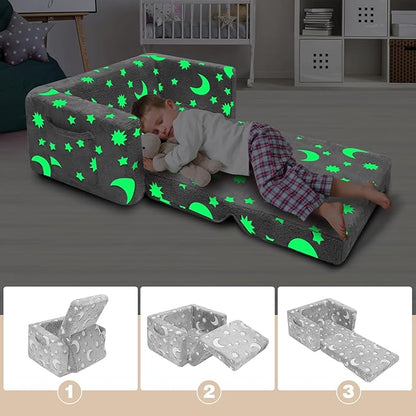 SLIGUY Kids Chair, Toddler Couch, Fold Out Sofa Chair, Toddlers Convertible Sofa to Lounger Pull Out Couch, Glow in The Dark Sofa Chair for Boys and Girls Large (Grey)