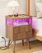 Nightstand with Charging Station and LED Lights,Modern Bedside Table with 2Drawer and Open Shelf,Walnut Night Stand with Solid Wood Legs,End Table for Living Room、Bedroom and Small Spaces