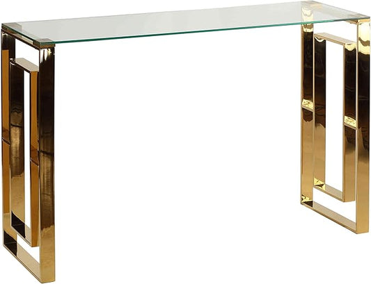 Cortesi Home Laila Console Table Stainless Steel Glass, 15.75" D x 47" W x 30.5" H, Gold,Clear
