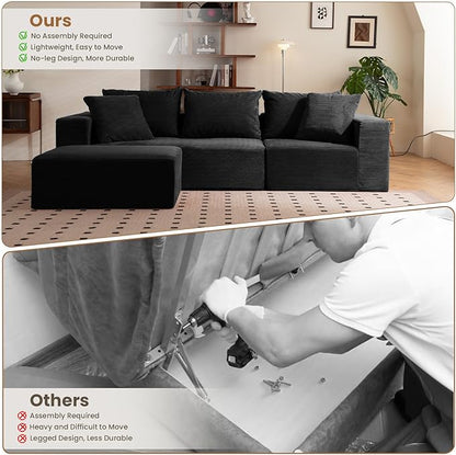 Modular Sectional Sofa, 108" L-Shaped Boneless Couch with Deep Seat, Corduroy Cloud Couch for Living Room, Bedroom, No Assembly Required, Ship in a Box, Black