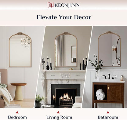 Keonjinn Vintage Gold Mirror 20" x 30", Arched Decorative Mirrors for Wall Decor, Antique Mirror Bathroom, Ornate Baroque Brass Mirror for Mantle, Entryway, Living Room, French Cleat Mounting