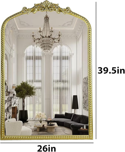 Gold Vintage Mirror, Arched Antique Mirror with Ornate Frame for Bathroom Wall, Living Room, Fireplace, 39.5x26 Inch.
