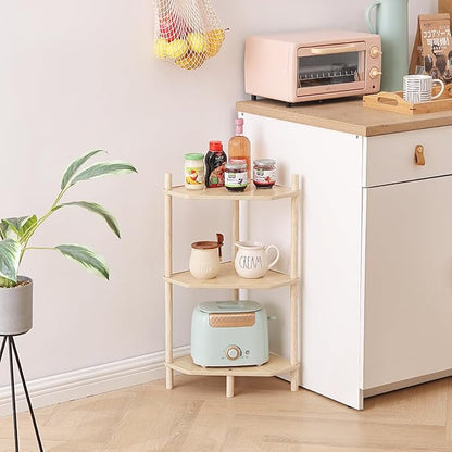 LITA Modern Wood Side Table, Triangular Accent End Table Plant Night Stand with Magazine Storage for Bedroom, Living Room, Bathroom, Natural, 3- Tier