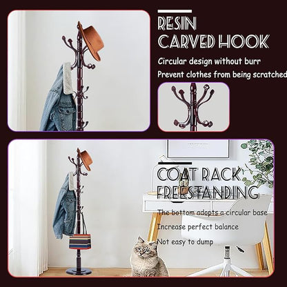 72 in Wood Coat Rack, Coat Rack Freestanding with Stable Round Base, Adjustable Height Tree Coat Racks Stand for Home Bedroom Office Hallway Entryway (Rosewood Ruyi Hook)