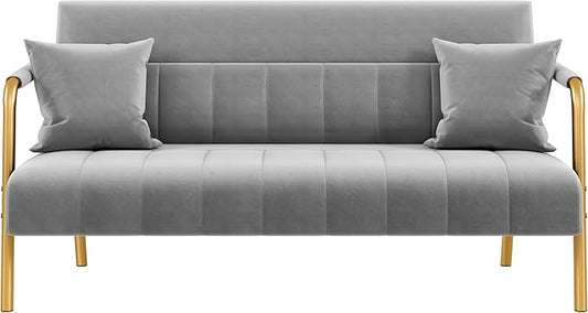 Yaheetech 56.5" W Modern Sofa Small Sofa Luxurious Velvet Fabric Couch with Gold-Tone Metal Arms and Legs for Living Room, Home Office, Studio Light Gray