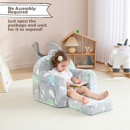 Toddler Chair Comfy,Toddler Couch Fold Out, 2-in-1 Kids Sofa,Flip Out Kids Couch,Sofa Convertible,Children Reading Chair for Age 1-3(Grey Dino)
