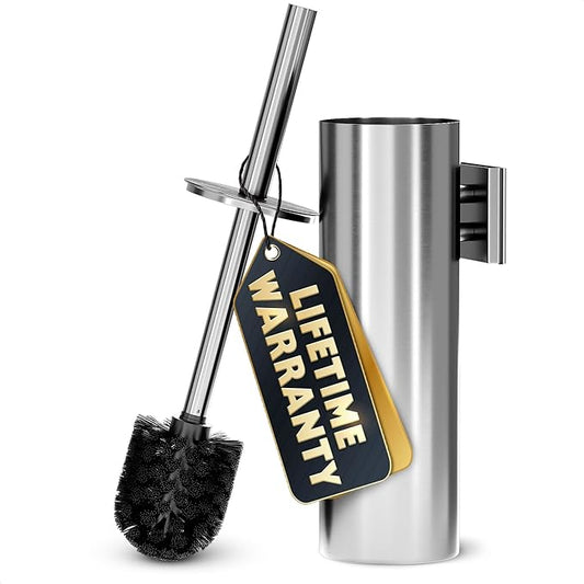 Silver Modern Toilet Brush and Holder Set with Wall Mount - Stainless Steel Toilet Brush with Holder - Removable Inner Bowl, Shiny Design, Splash Protection & Dense Bristles for Bathroom Cleaning