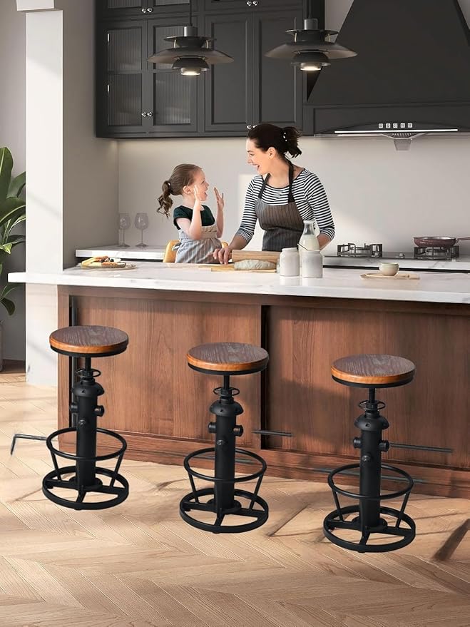 Industrial Bar Stools Kitchen Island Dining Chairs Swivel Wooden Seat Bar Counter Height Adjustable 25-31inch