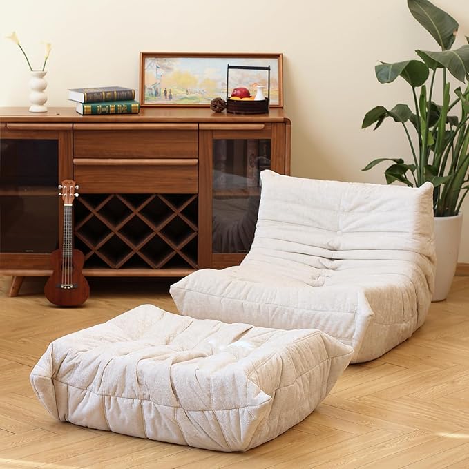 N&V Fireside Chair, Mid Century Armless Floor Sofa, Soft Premium Chenille Floor Lounge Chair, Foam Sofa Accent Chair for Living Room Bedroom and Office (White, Ottoman)