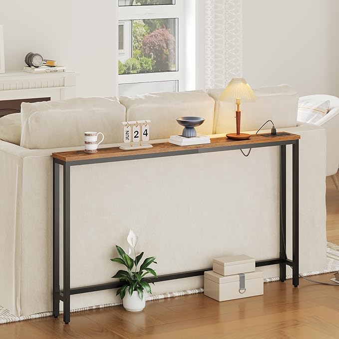HOOBRO 55.1" Narrow Console Table with Power Outlets, 5.9" Behind Couch Table with Charging Station, Long Sofa Table, Skinny Entryway Table for Living Room, Hallway, Foyer, Rustic Brown BF145UXG01