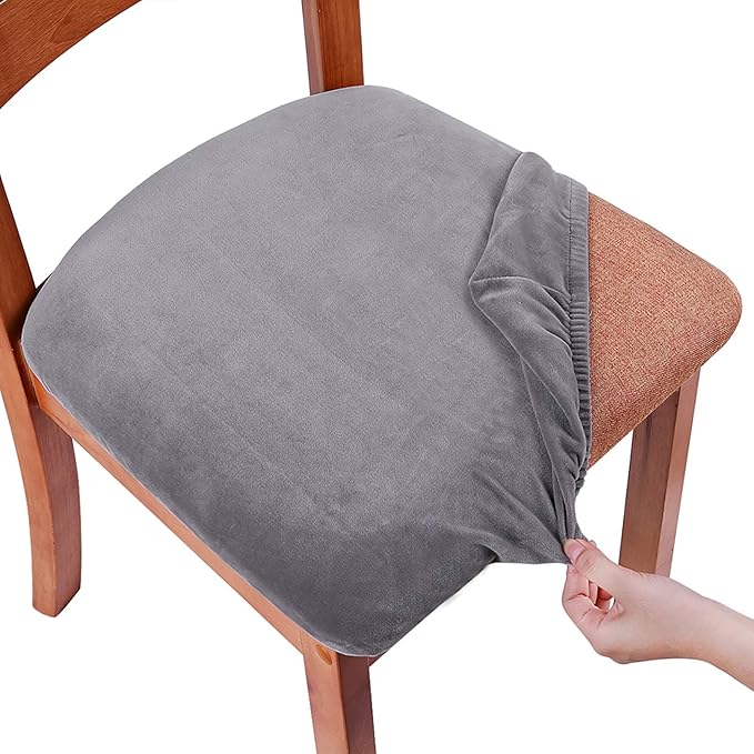 Smiry Velvet Seat Covers for Dining Room Chair Set of 2, Stretch Fit Removable Washable Chair Seat Cushion Protector Slipcovers with Ties, Grey