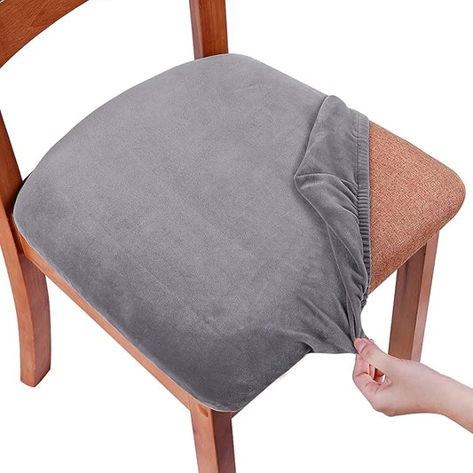 Smiry Velvet Seat Covers for Dining Room Chair Set of 4, Stretch Fit Removable Washable Chair Seat Cushion Protector Slipcovers with Ties, Grey