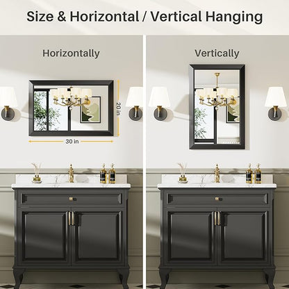20x30 Inch Black Bathroom Mirror for Wall, Thick Metal Framed Rectangle Mirrors for Over Sink, Bedroom, Living Room, Entryway, Anti-Rust, HD Tempered Glass