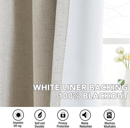 H.VERSAILTEX Linen Curtains 100% Blackout Curtains for Bedroom 96 inch Long Full Light Blocking Nature Linen Blended Window Curtains for Living Room Nickel Grommet (2 Panels, Heathered Linen)