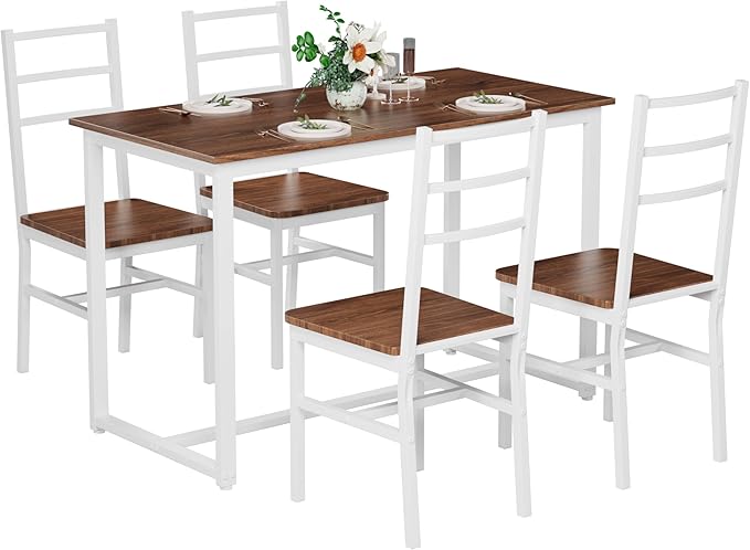 Ball & Cast Dining Table Set with Long Table and 4 Chairs,5-Piece Living Room Furniture W/ 47" Rectangle Kitchen Table,Living Room Furniture W/Backrest Chair,for Small Space,Brown+White