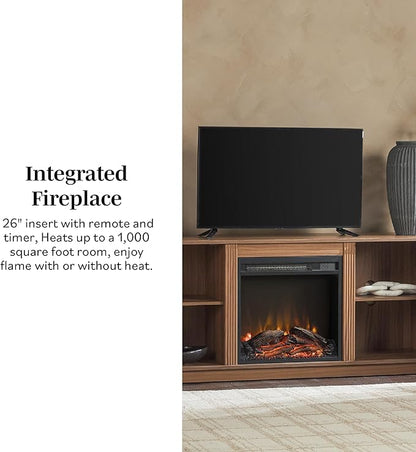 Walker Edison Chloe Reeded TV Stand with Fireplace Insert, 75 Inch, 70 Inch, Mocha