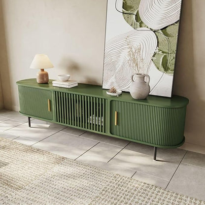 POVISON Fully-Assembled Modern Green TV Stand with Tambour Doors, Fluted TV Media Console for 75 Inch TVs, Sliding Door Entertainment Center with Storage for Living Room (Green, 78.74")
