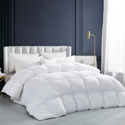 Luxurious White Solid Heavy Weight, King Size Goose Feathers Down Comforter for Winter Weather Duvet Insert, Premium Baffle Box, 100% Egyptian Cotton Cover, 70 oz. Fill Weight