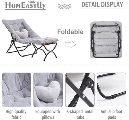 Comfy Saucer Chair with Ottoman, Oversized Folding Faux Fur Chair Soft Furry Lounge Lazy Chair with Metal Frame Moon Chair Accent Chair for Bedroom, Living Room, Dorm Rooms, Grey