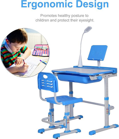 Kids Desk and Chair Set, Height Adjustable Child's School Study Writing Tables with Tilt Desktop, LED Light, Storage Drawer, Book Stand (Blue)