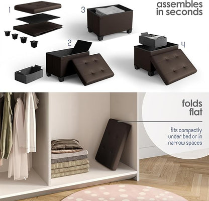 STORAGEBUD Storage Ottoman Cube with Small Bin, 16-in Square Ottoman with Storage for Living Room and Bedroom, Small Ottomans Foot Rest, Faux Leather Foot Stools Ottomans Max 330lbs, Brown
