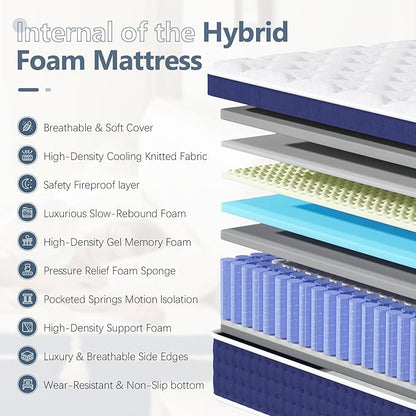 Twin XL Mattress, 12 Inch Hybrid Twin XL Size Mattresses in a Box, Gel Memory Foam and Pocket Coils Innerpring Mattress with Ergonomic Design, Cooler Sleep with Pressure Relief and Support,39"*80"*12"