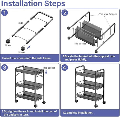 3 Tier Rolling Cart, Mesh Wire Utility Carts, Metal Storage Shelf with Wheels & 4 Side Hooks, for Laundry Room Organization, Kitchen, Living Room, Bathroom, Pantry, Dorm & Under Desk Storage