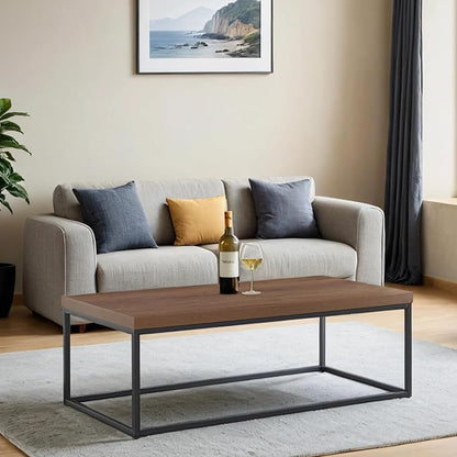 CENSI 47-Inch Dark Walnut Coffee Table for Living Room, Modern Industrial, Rectangular Wood and Metal Center Table with Extra Thick Tabletop (Dark Brown)